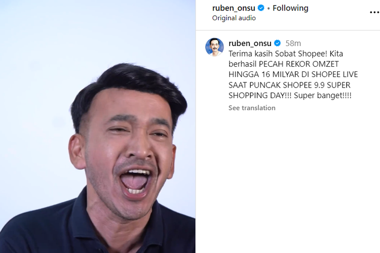 Pembawa acara sekaligus pengusaha ternama Indonesia, Ruben Onsu, sukses mencatatkan omzet hingga Rp 16 miliar di Shopee Live saat puncak kampanye Shopee 9.9 Super Shopping Day, Sabtu (9/9/2023). 