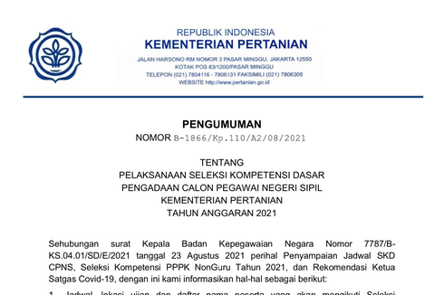 Jadwal dan Lokasi SKD CPNS Kementerian Pertanian