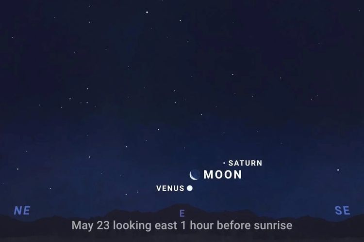 Bagan langit yang menunjukkan Venus dan Saturnus dengan Bulan sabit di langit sebelum fajar pada tanggal 23 Mei 2025. 