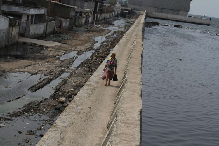 Warga melintas di areal tanggul laut, Muara Baru, Jakarta Utara, Sabtu (12/10/2019). Pemerintah Provinsi DKI Jakarta dan Kementerian Pekerjaan Umum dan Perumahan Rakyat (PUPR) mengambil alih pembangunan segmen tanggul laut National Capital Integrated Coastal Development ( NCICD) di utara Jakarta. Hasil studi terbaru oleh Singapura menunjukkan kota-kota pesisir yang luas di Asia Selatan dan Asia Tenggara lebih cepat daripada di tempat lain di dunia, termasuk Jakarta.