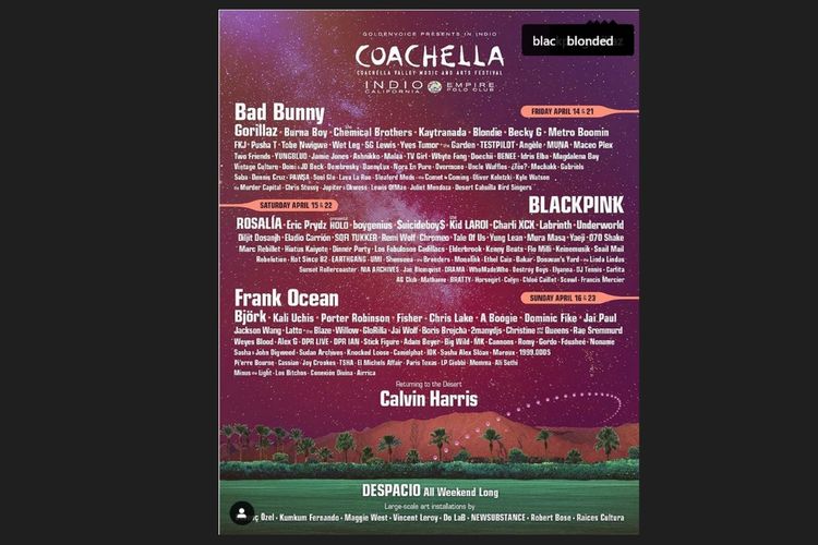 Lineup Coachella 2023 yang akan digelar pada pertengahan April 2023. Salah satu headliner adalah BLACKPINK.