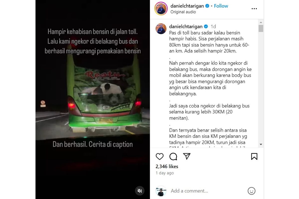Dilansir dari Instagram @danielchtarigan (11/6/2024), seorang pengemudi mengakali kondisi BBM yang tiris dengan mengekor sebuah bus.