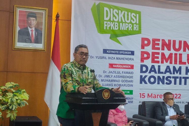 Wakil Ketua Umum PKB Jazilul Fawaid dalam acara diskusi di Kompleks Parlemen Senayan, Jakarta, Selasa (15/3/2022).