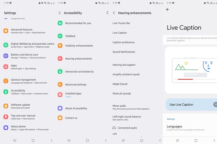 Cara mengaktifkan fitur Live Caption di ponsel Samsung dengan OneUI.