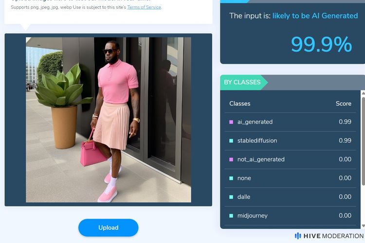Hasil deteksi foto LeBron James memakai pakaian serba pink. Menurut Hive Moderation, gambar itu memiliki probabilitas 99,9 persen dibuat AI.