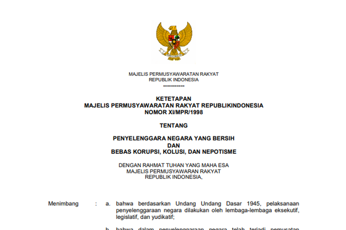 Isi TAP MPR Nomor 11 Tahun 1998 soal KKN, nama Soeharto resmi dicabut.