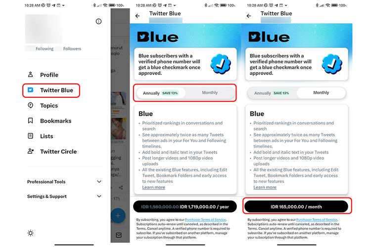 Cara berlangganan Twitetr Blue lewat smartphone