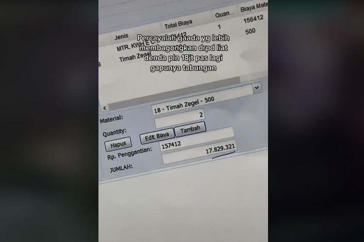 Tangkapan layar unggahan viral tagihan listrik pelanggan PLN yang mencapai hampir Rp 18 juta.