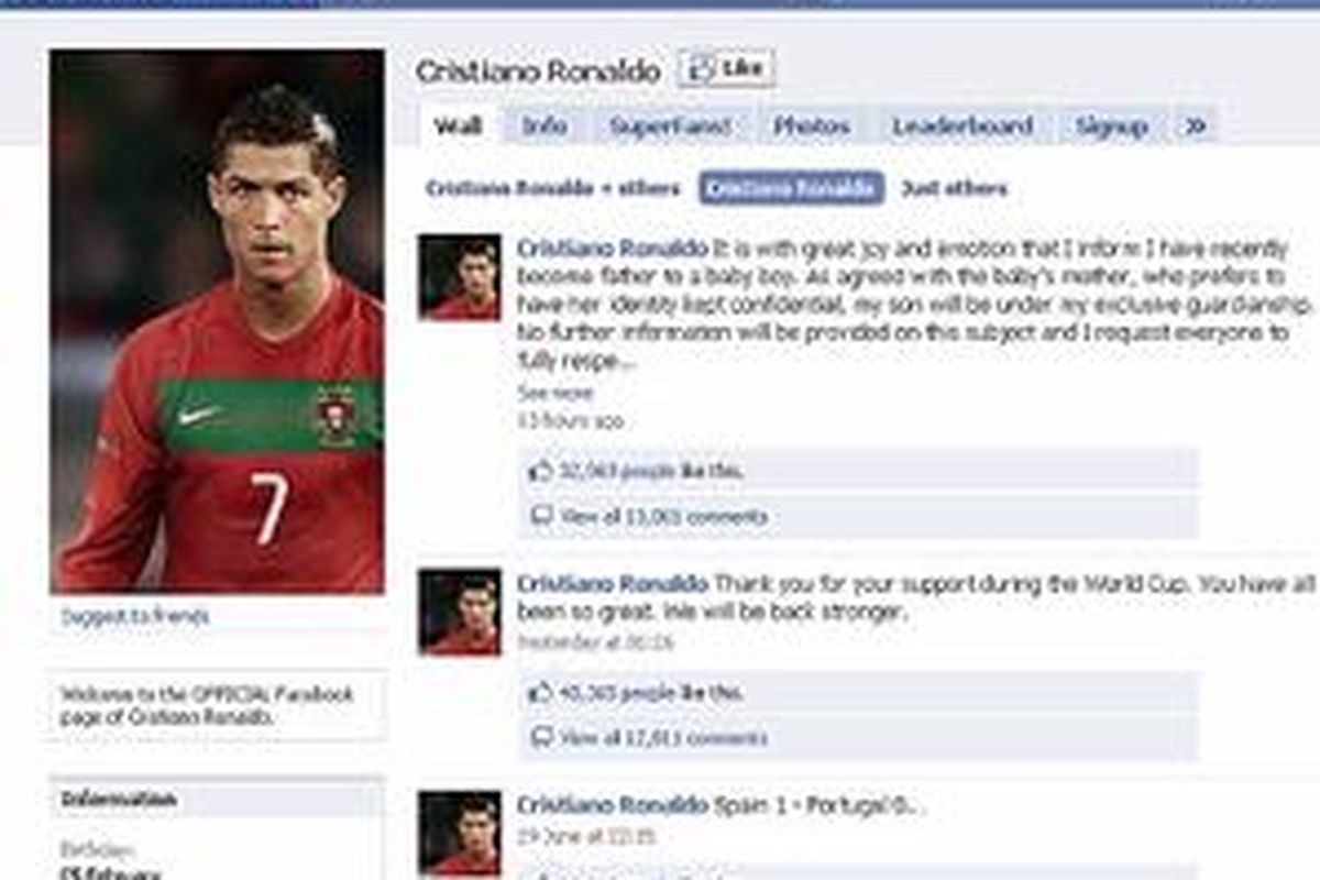 Hes scored: The footballers Facebook page carried the news