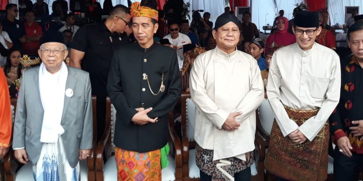 Dua pasangan capres-cawapres, Joko Widodo-Maruf Amin dan Prabowo Subianto-Sandiaga Uno, menghadiri deklarasi kampanye damai di Lapangan Silang Monas, 