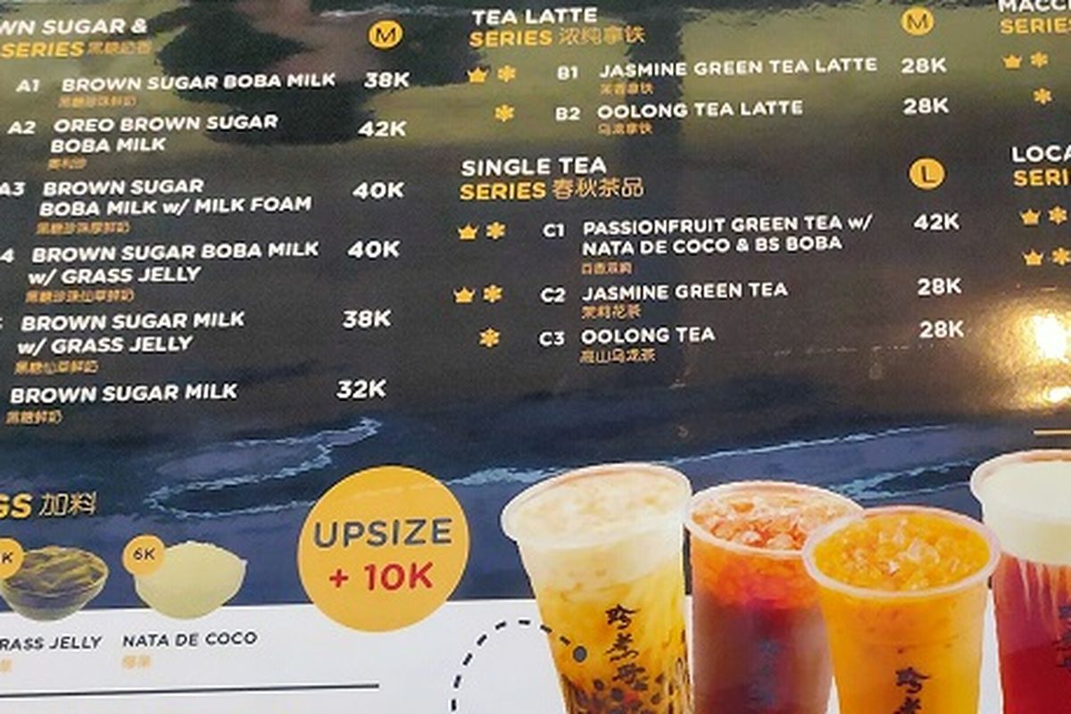 Daftar menu minuman yang ada di Gerai Boba Truedan, Mal Taman Anggrek, Jakarta, yang baru diluncurkan pada Jumat (29/11/2019).