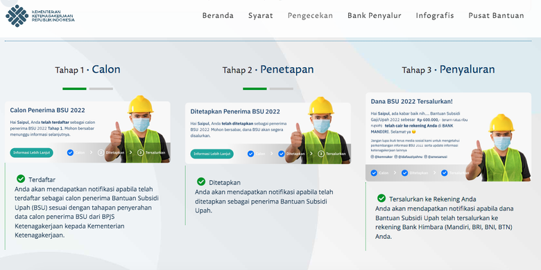 Tangkapan layar laman Kementerian Ketenagakerjaan, bsu.kemnaker.go.id. Cara cek status pencairan BSU 2022.