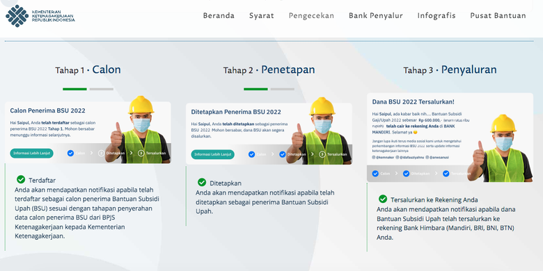 Tangkapan layar laman Kementerian Ketenagakerjaan, bsu.kemnaker.go.id