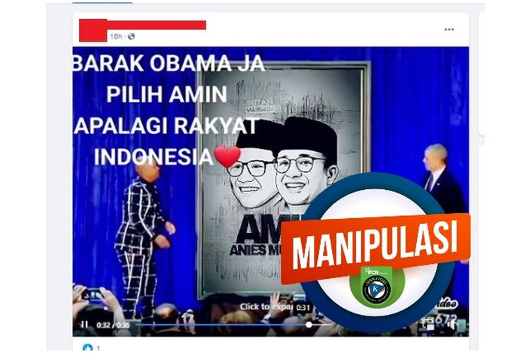 Tangkapan layar Facebook video yang diklaim menampilkan Obama membuka tirai berisi foto Anies dan Muhaimin