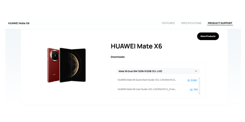 Kata kunci Huawei ICL-LX9 muncul di laman resmi Huawei Mate X6 di situs Huawei global.

