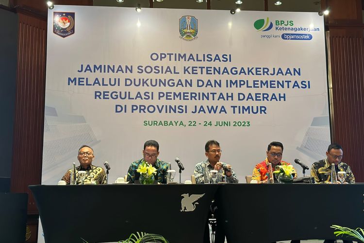 Seminar Optimalisasi Jaminan Sosial Ketenagakerjaan Melalui Dukungan dan Implementasi Pemerintah Daerah di Provinsi Jawa Timur yang digelar BPJS Ketenagakerjaan di Surabaya, 22-24 Juni 2023.