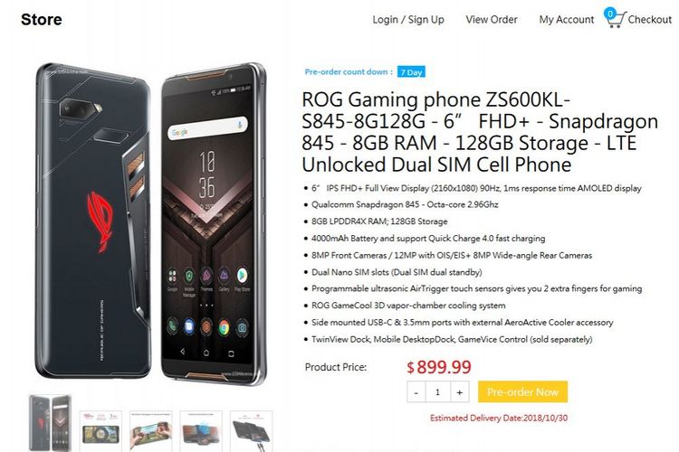 Laman pre-order Asus ROG Phone di toko online Asus utnuk wilayah Amerika Serikat