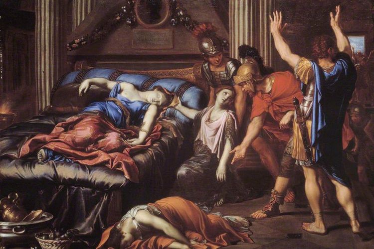 Lukisan ilustrasi kematian Cleopatra. Ratu Mesir Cleopatra dikenal akan kecantikan dan kecerdasannya.