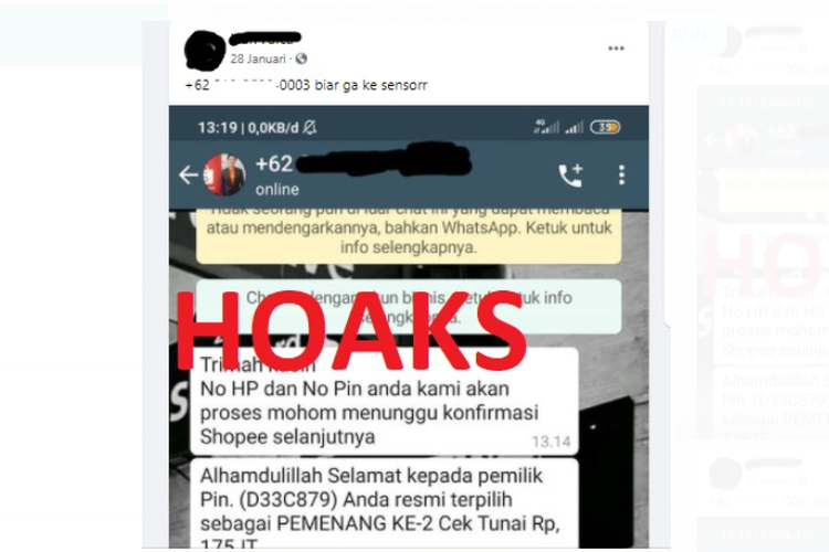 HOAKS] Pesan WhatsApp Pemenang Undian Shopee Uang Tunai Rp 175 Juta Halaman  all - Kompas.com