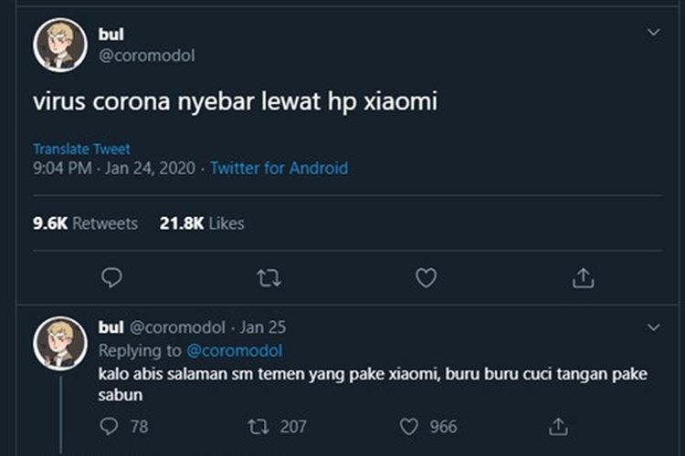 Tangkapan layar dari sebuah unggahan viral di Twitter soal virus corona menyebar lewat HP. 