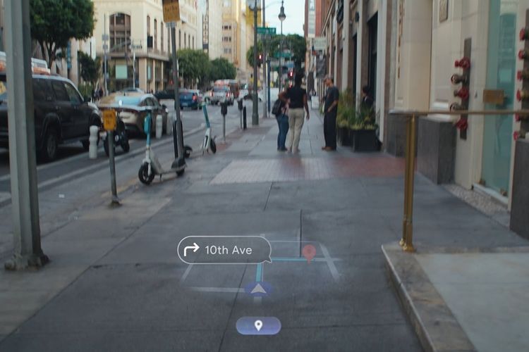 Tampilan aplikasi Maps diakses dari kacamata pintar berbasis Android XR