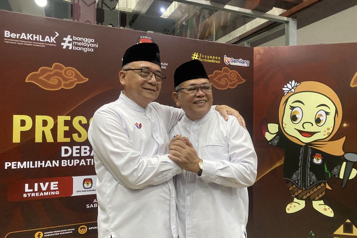 Pasangan Bupati - Wakil Bupati Nomor urut 1, Iyos Somantri - Zainul saat berfoto dan berpelukan usai melakukan konferensi pers bersama awak media pada Sabtu (26/10/2024) lalu.