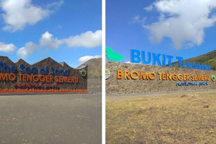 Papan nama di lautan pasir Bromo dan di Bukit Teletubies yang masuk Taman Nasional Bromo Tengger Semeru yang diprotes  Masyarakat Fotografi Indonesia dan Sahabat Bromo. 