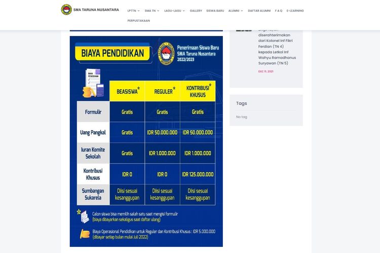 Tangkapan layar daftar biaya pendidikan di SMA Taruna Nusantara.