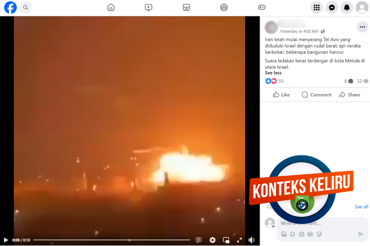 Tangkapan layar konten dengan konteks keliru di sebuah akun Facebook, Minggu (7/4/2024), mengenai video Iran menyerang Tel Aviv dengan rudal.