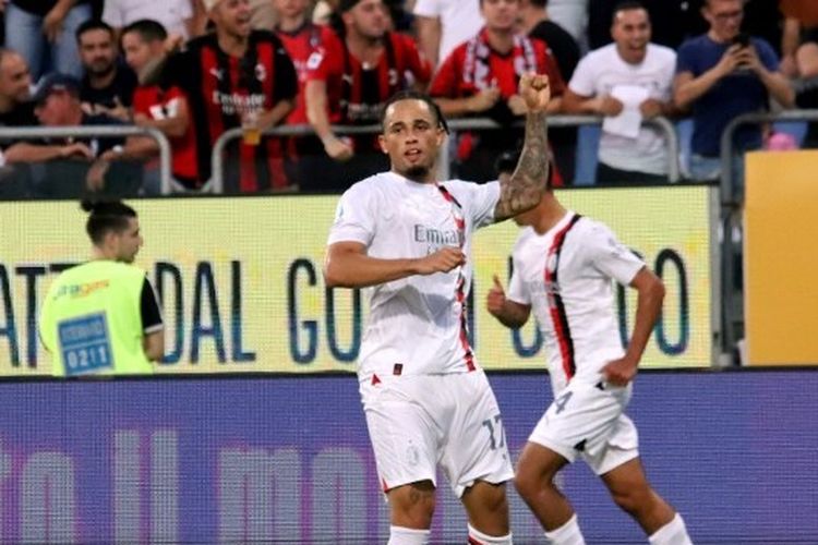 Penyerang AC Milan, Noah Okafor, mencetak gol dalam pertandingan Serie A melawan Cagliari. Laga Cagliari vs AC Milan digelar di Sardegna Arena pada Rabu (27/9/2023) atau Kamis dini hari WIB. 