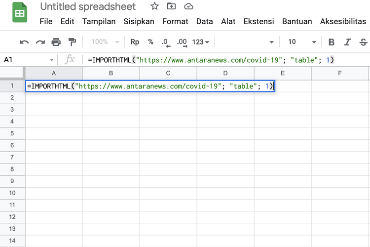 Ilustrasi cara copy tabel dari website ke Spreadsheet