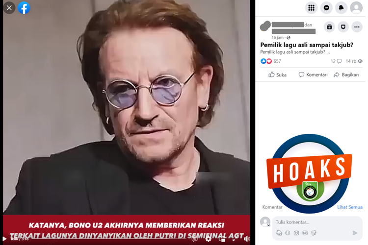 Tangkapan layar unggahan dengan narasi hoaks di sebuah akun Facebook, Minggu (10/9/2023), yang menyebut Bono memberi komentar atas penampilan Putri Ariani dalam semifinal AGT 2023.