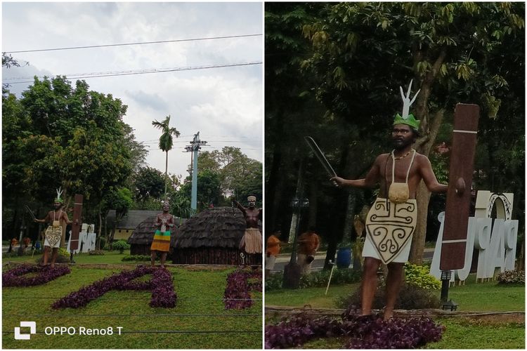 Hasil foto kamera 100 MP mode Hi-res di Oppo Reno 8T 4G ketika memotret pemandangan yang banyak obyek kecil. Seperti tampak pada gambar di atas, obyek patung di sebelah kanan, yang memegang senjata dan baju adat, bisa dilihat memiliki detail yang cukup tajam. Padahal di hasil foto 100 MP yang belum di-crop, detail seperti ini tidak bisa terlihat, apalagi obyek patung tersebut berwarna hitam dan seakan memiliki tone warna gelap yang menyatu dengan obyek pohon yang ada di belakangnya. 