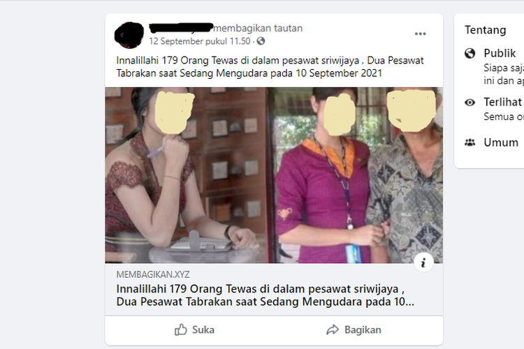 Tangkapan layar informasi mengenai pesawat Sriwijaya Air yang mengalami tabrakan pada 10 September 2021.