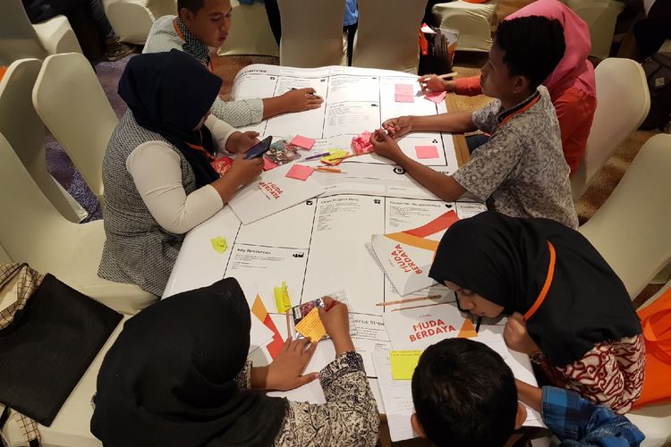 Peserta Lokakarya Muda Berdaya yang digelar Shopee tengah memabuat Bisnis Model Canvas.