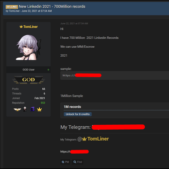 Penjual dengan username GOD mengklaim memiliki data 700 juta pengguna LinkedIn dan dijual di situs RaidForums.