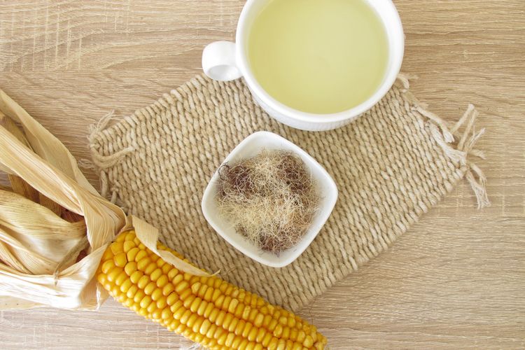 Ilustrasi teh rambut jagung atau corn silk tea. 