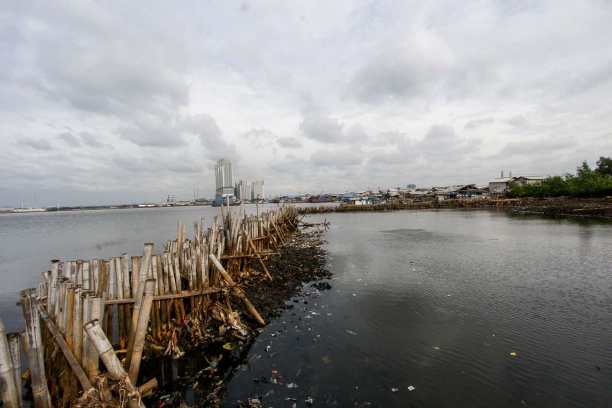 Kondisi Teluk Jakarta usai dibersihkan di Muara Angke, Jakarta Utara, Sabtu (24/3/2018). Sampah plastik yang sebelumnya menumpuk, kini sudah dibersihkan dan menyisakan lumpur tebal.