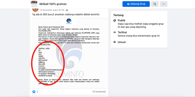 Tangkapan layar informasi yang beredar mengenai daftar aplikasi ilegal yang akan diblokir Kominfo