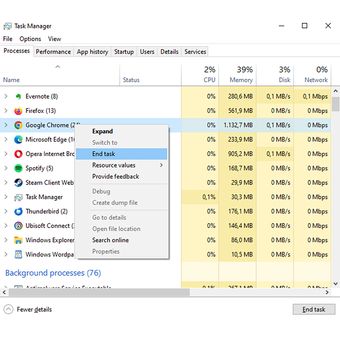 Tampilan Task Manager untuk menutup aplikasi di Windows 10