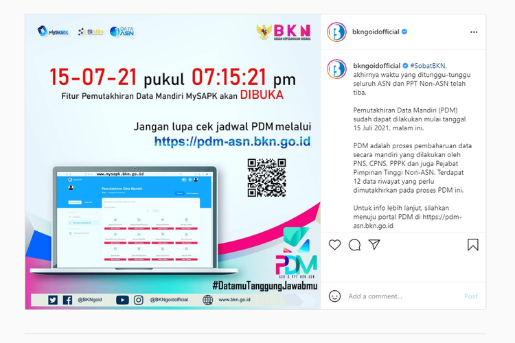 Pemutakhiran data ASN dan PPT Non-ASN dapat dilakukan mulai 15 Juli 2021 melalui aplikasi atau website MySAPK.