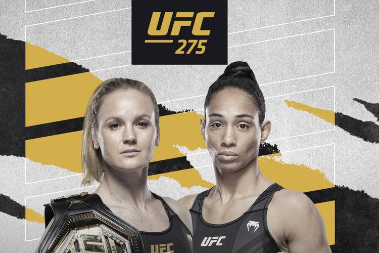 Poster UFC 275 yang menampilkan ilustrasi untuk duel kelas terbang wanita, yakni Valentina Shevchenko (kiri) vs Taila Santos (kanan). UFC 275 dijadwalkan dihelat di Singapore Indoor Stadium pada 12 Juni 2022