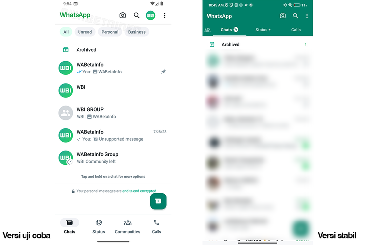 Perbandingan tampilan WhatsApp versi uji coba (kiri) dan versi stabil (kanan)