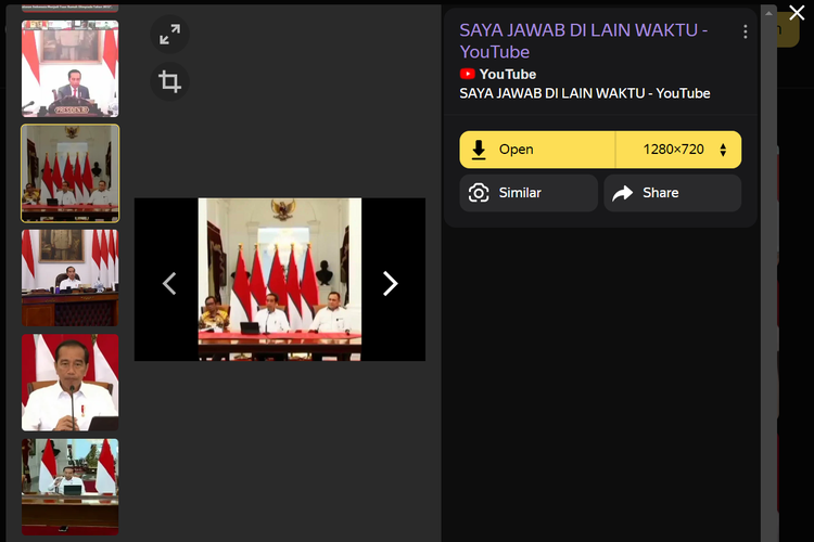 Tangkapan layar pencarian gambar di Yandex, soal pernyataan pers Presiden Joko Widodo pada 7 Februari 2023.