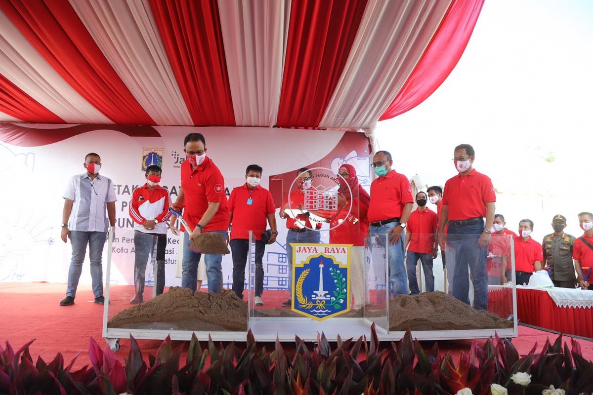 Peletakan batu pertama di Kampung Susun Akuarium, Penjaringan, Jakarta Utara, Senin (17/8/2020).