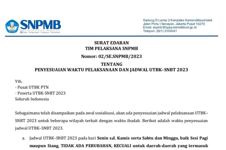 Jadwal terbaru UTBK SNBT 2023 wilayah Jawa dan luar Jawa. 