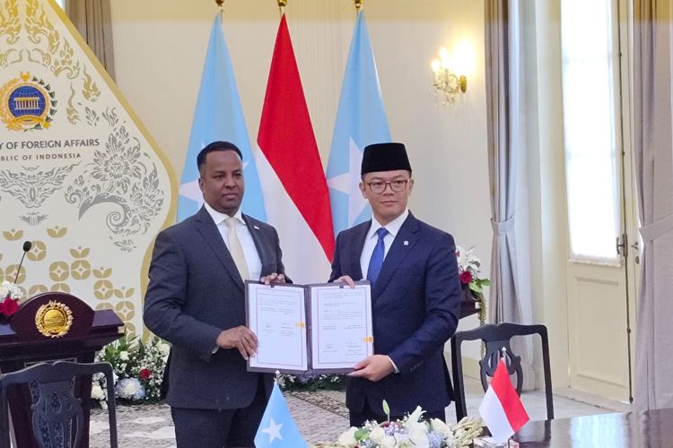Menteri Luar Negeri RI Sugiono (kanan) bersama Menteri Luar Negeri Somalia, Abdisalam Abdi Ali saat bertemu di Gedung Pancasila, Kementerian Luar Negeri RI, Jakarta Pusat, Kamis (31/7/2025)
