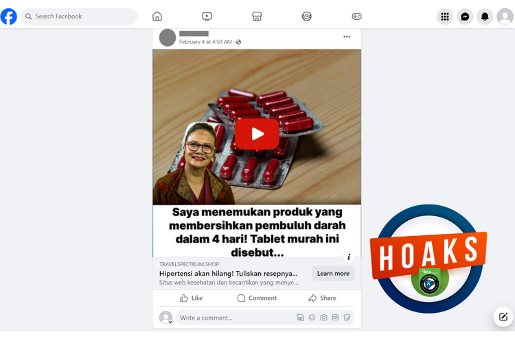 Tangkapan layar konten hoaks di sebuah akun Facebook, Rabu (7/2/2024), soal Christine Hakim mempromosikan tablet pembersih pembuluh darah.