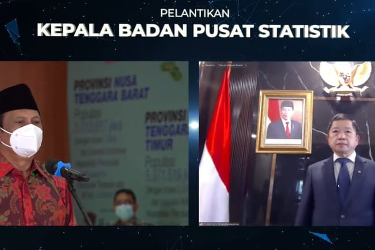 Menteri Perencana Pembangunan Nasional (PPN)/Kepala Bappenas Suharso (kanan) melantik Margo Yuwono (kiri) sebagai Kepala BPS pada Jumat (25/6/2021). 
