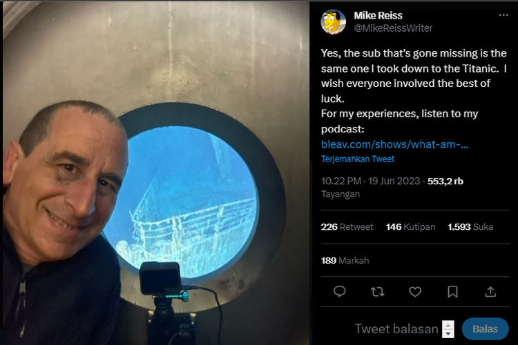 Potret Mike Reiss mantan penumpang kapal selam Titan saat menjalani ekspedisi menonton reruntuhan kapal Titanic.